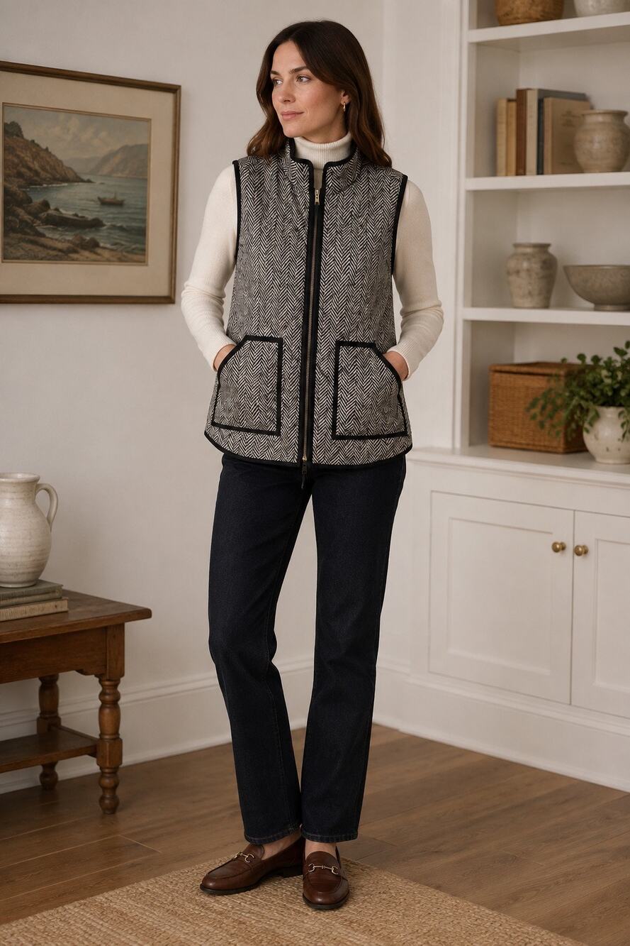 J.Crew Herringbone Quilted Puffer Vest Small Black Ivory Preppy Gorpcore G7626